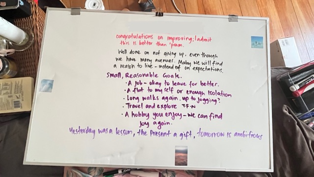 billies whiteboard written with resolutions and goals: 'congratulations on improving; I admit this is better than 'pram. well done on not giving up, even though we have many avenues.  Maby we will find a reason to live - instead of on expectations.  Small, Reasonable Goals. -A job - okay to leave for better. -A flat to myself or enough isolation. -Long walks again.  up to jogging? -Travel and explore T.F.N. -A hobby you enjoy - we can find joy again. Yesterday was a lesson, the present a gift, tomorrow is ambitious'.